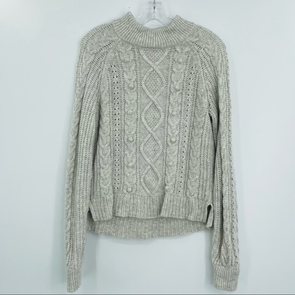 J. Crew Pom Pom Cable‎ Knit Sweater Womens S Grey Lambs Wool Fisherman - Picture 1 of 8